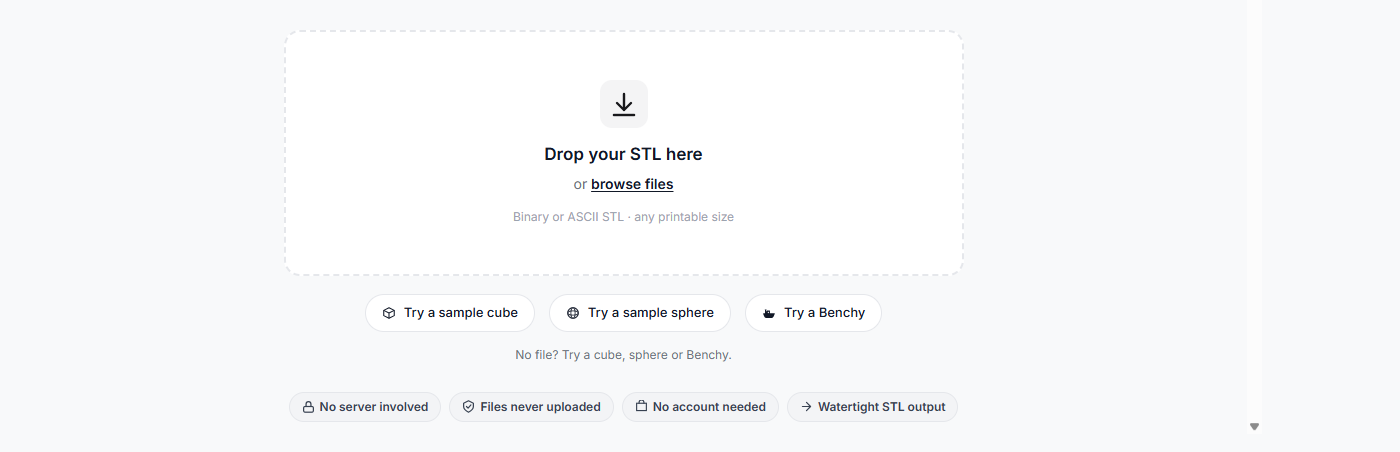 TextureAnySTL upload area with drop zone and sample model buttons