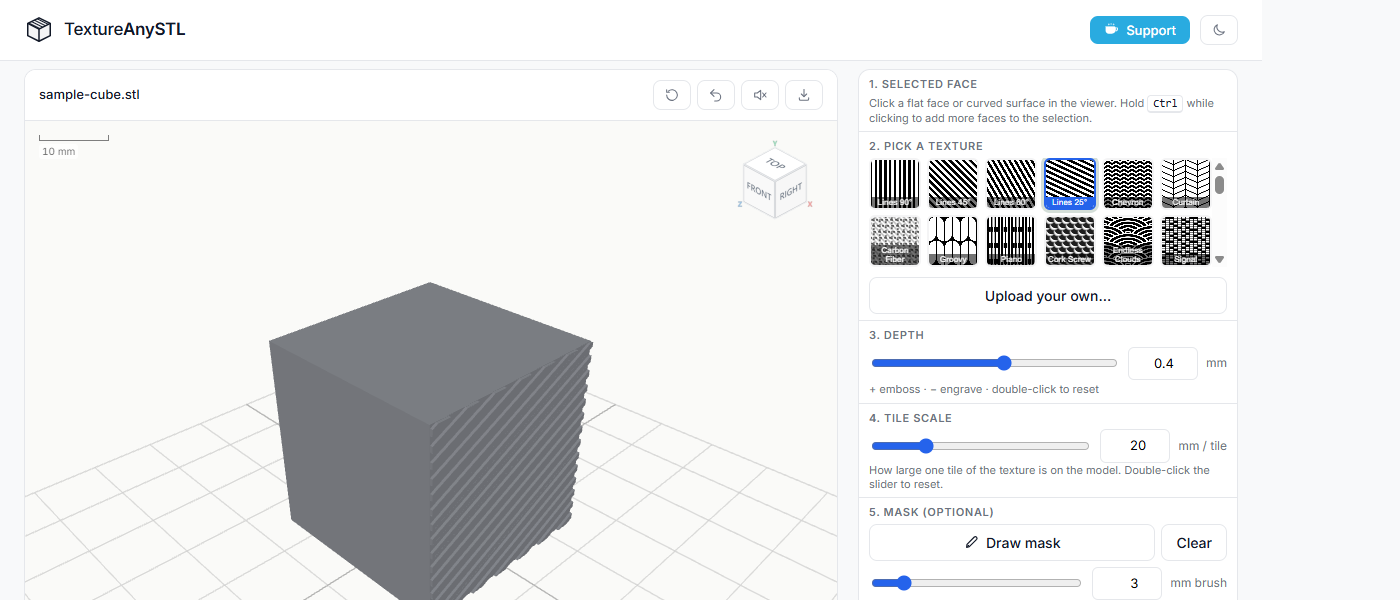 Cube with diagonal lines texture baked into its top surface, ready for STL export
